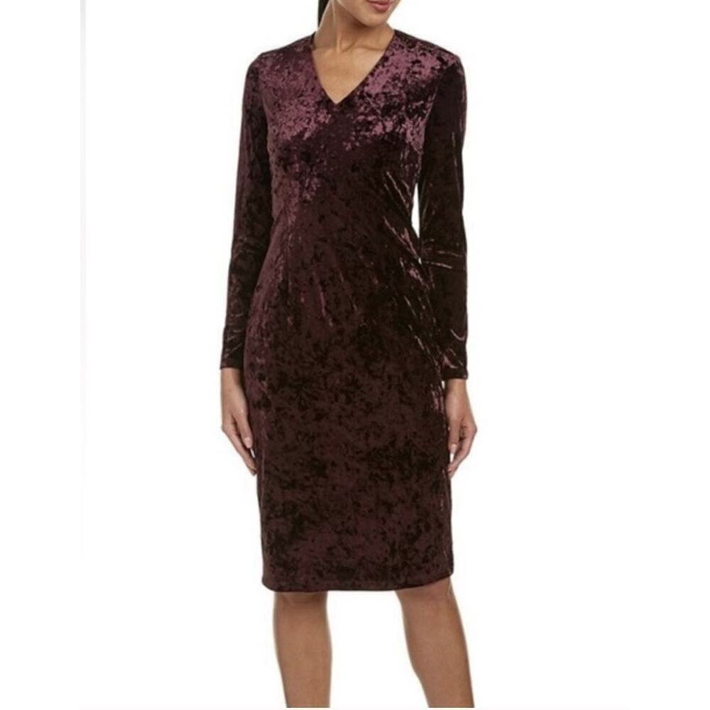 Maggy London Burgundy Crushed Velvet Midi Dress, Long Sleeve, Size 2